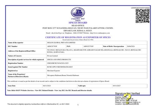 Spice Board of India certificate