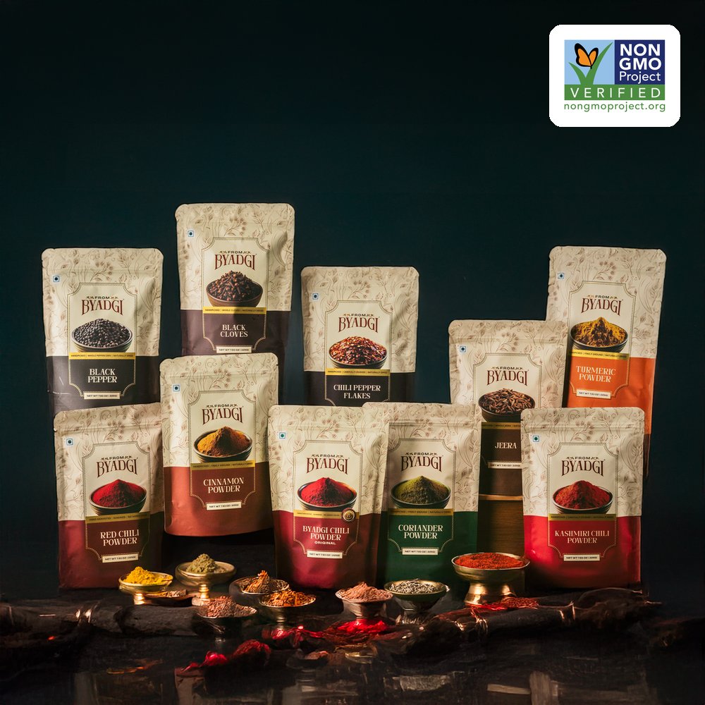From Byadgi retail spice product range — Byadgi Chili Powder, Kashmiri, Red Chili, Flakes, Turmeric, Coriander, Cumin and more